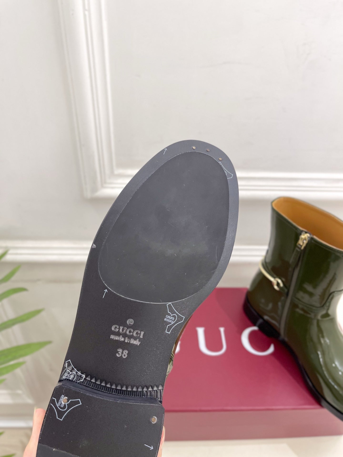 Gucci 25 horsebit  ankle boots dark olive green patent calfskin