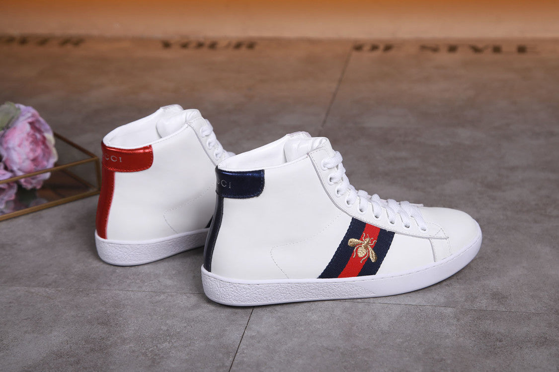 Gucci Ace Bee Stripe White Leather High-Top Sneakers
