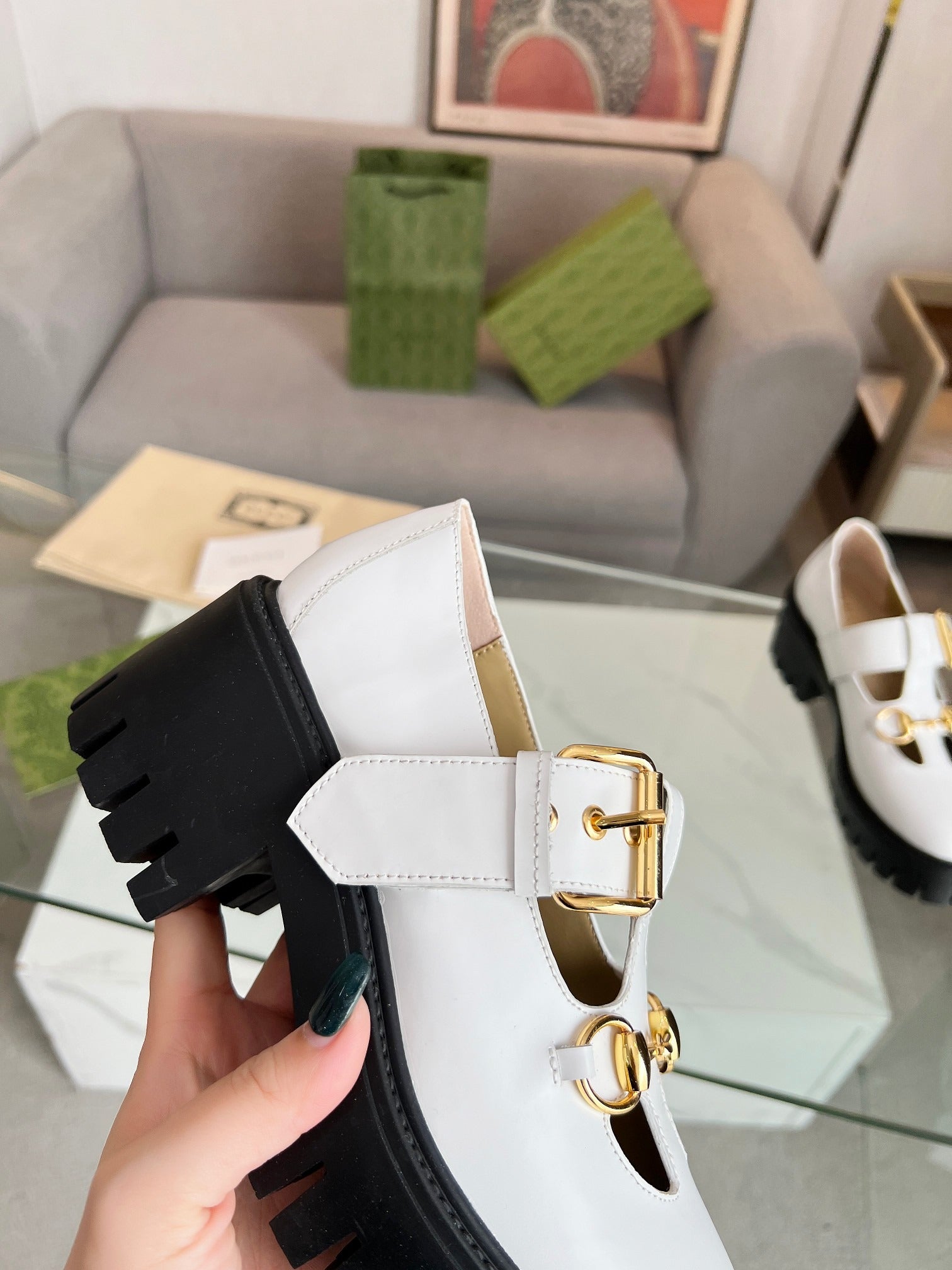 Gucci White Leather Mary Jane Platform Shoes with Horsebit Detail