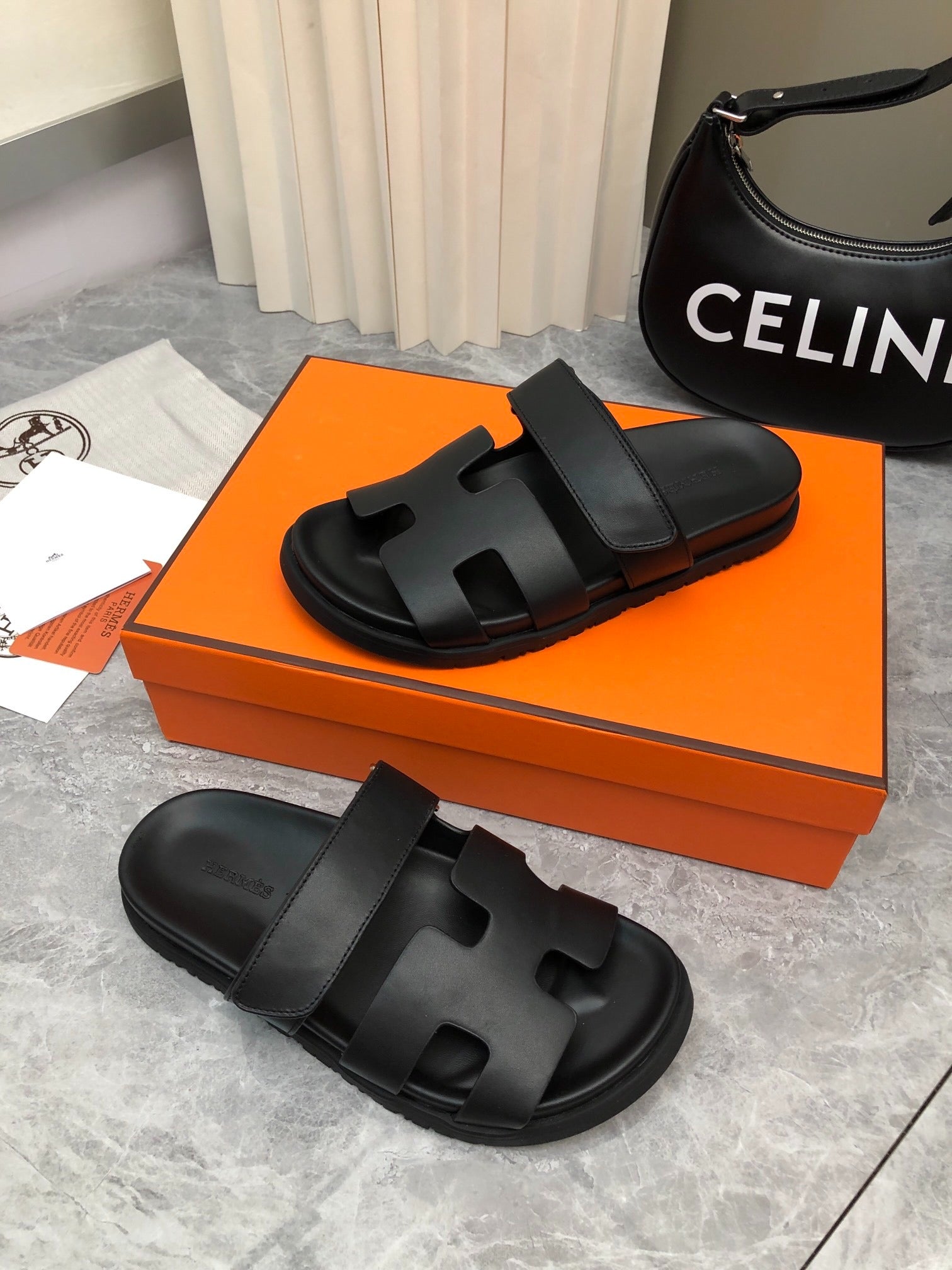 Hermès Chypre Black Leather Sandals with Adjustable Strap