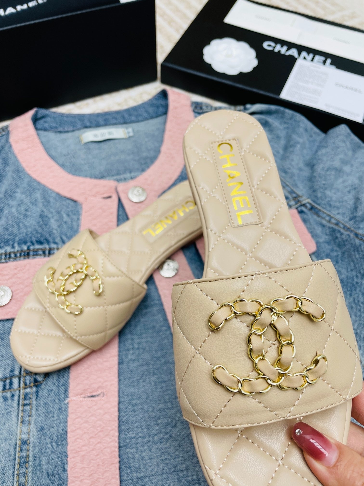 Chanel Beige Quilted Leather CC Logo Slide Sandals