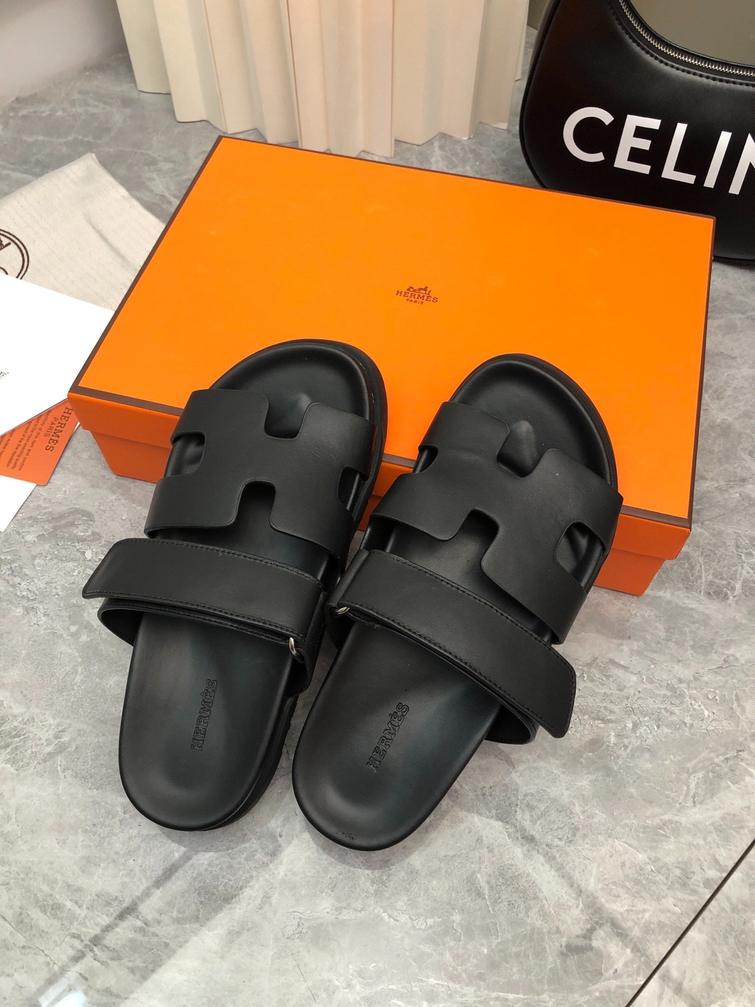 Hermès Chypre Black Leather Sandals with Adjustable Strap