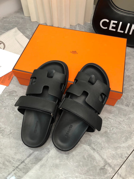 Hermès Chypre Black Leather Sandals with Adjustable Strap