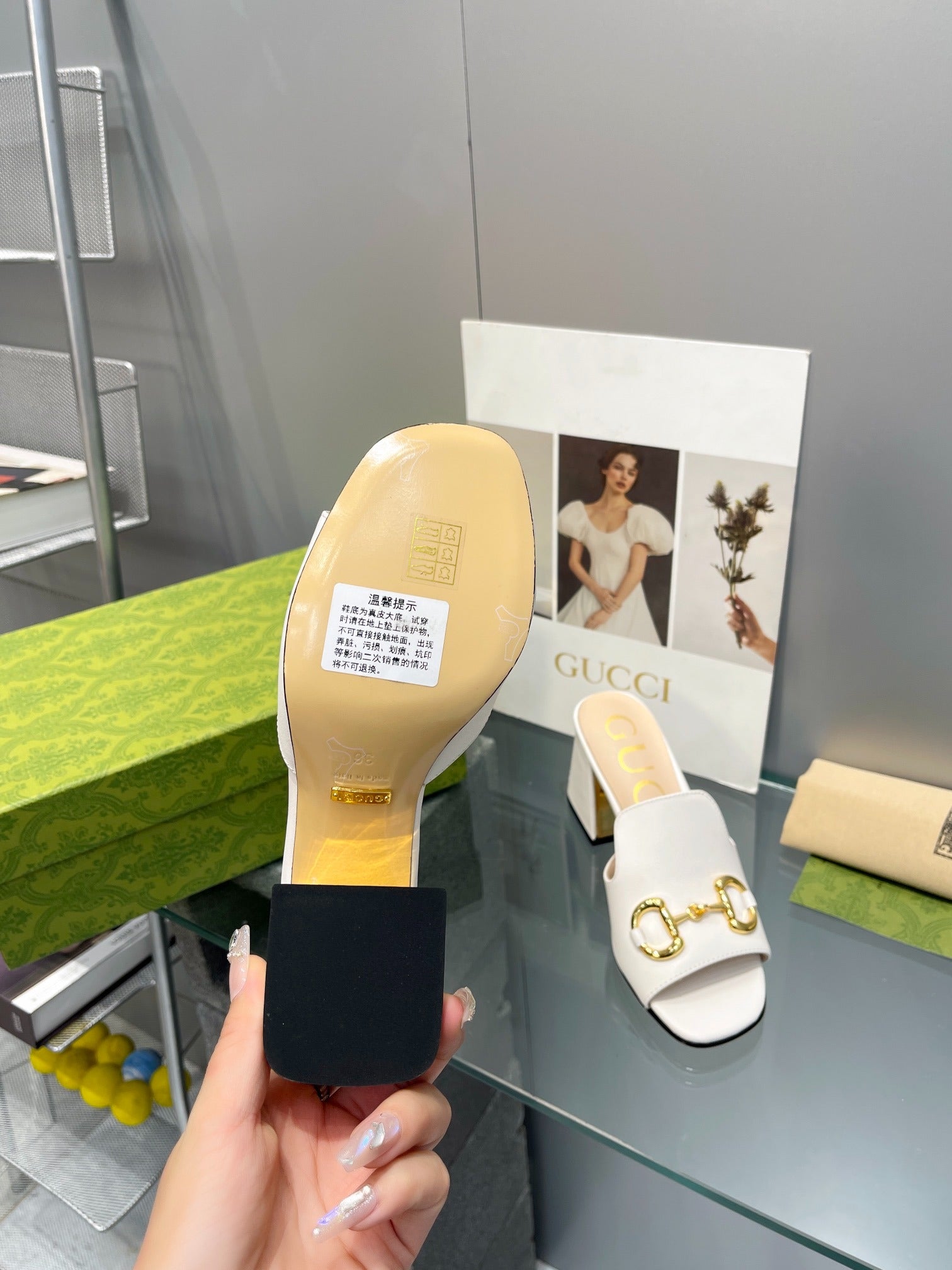 Gucci White Leather Horsebit Block Heel Mules