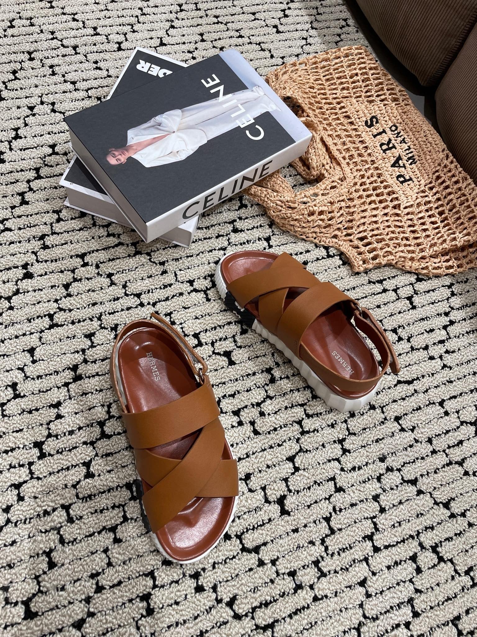 Hermès Tan Leather Cross-Strap Platform Sandals