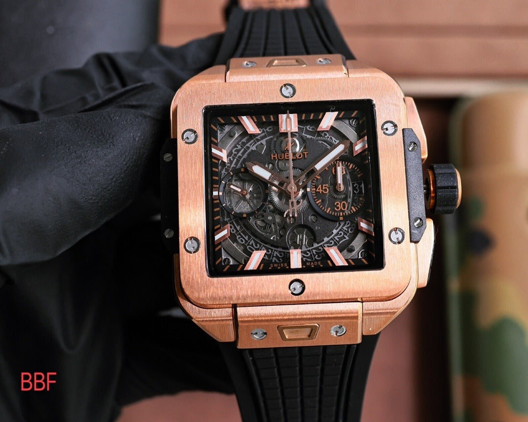 Hublot Square Bang Unico King Gold with Black Dial and Rubber Strap