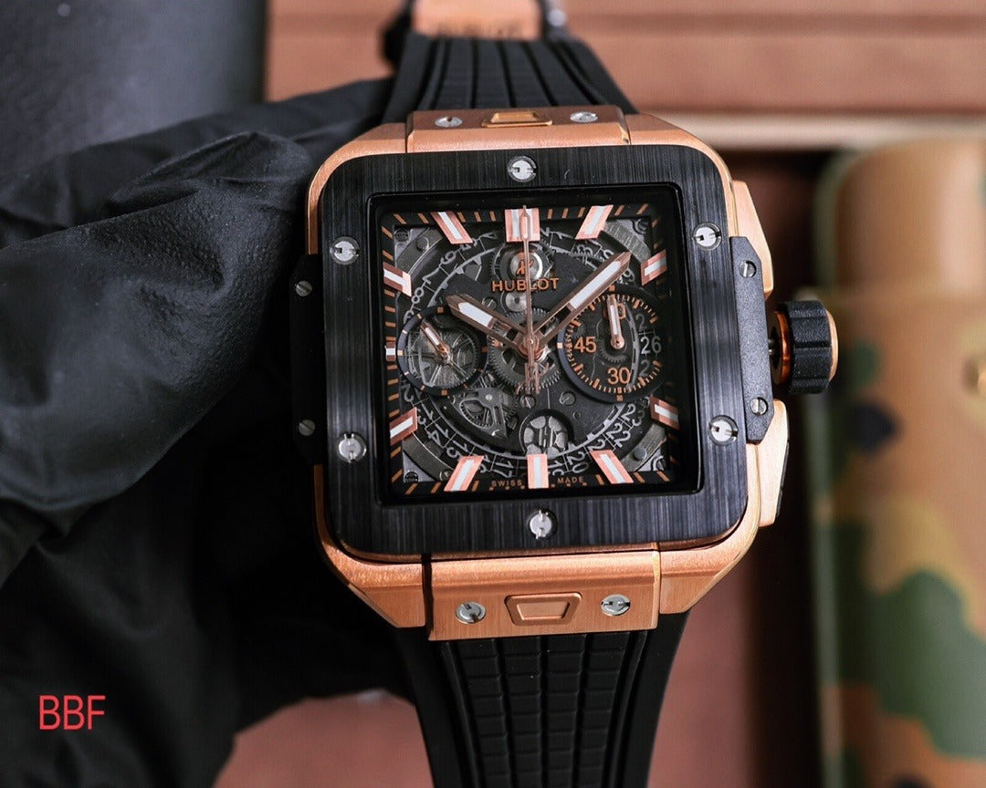 Hublot Square Bang Unico King Gold with Black Dial and Rubber Strap