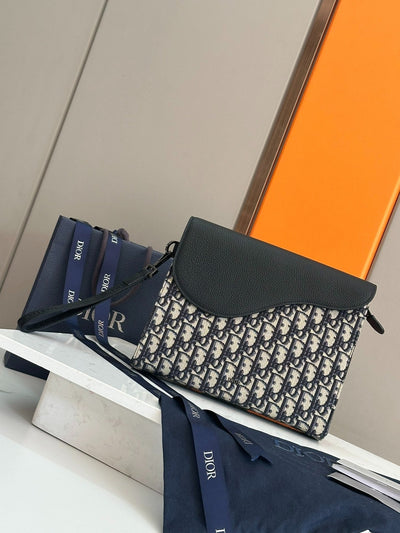Christian Dior Oblique Flap Pouch | Blue Monogram Jacquard Leather