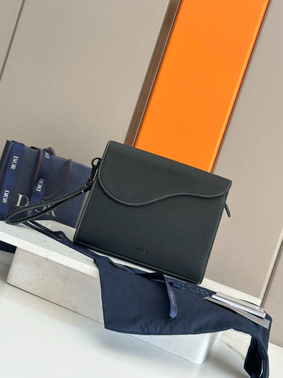 Christian Dior Style Flap Pouch | Black Grained Leather Contrasting Stitch