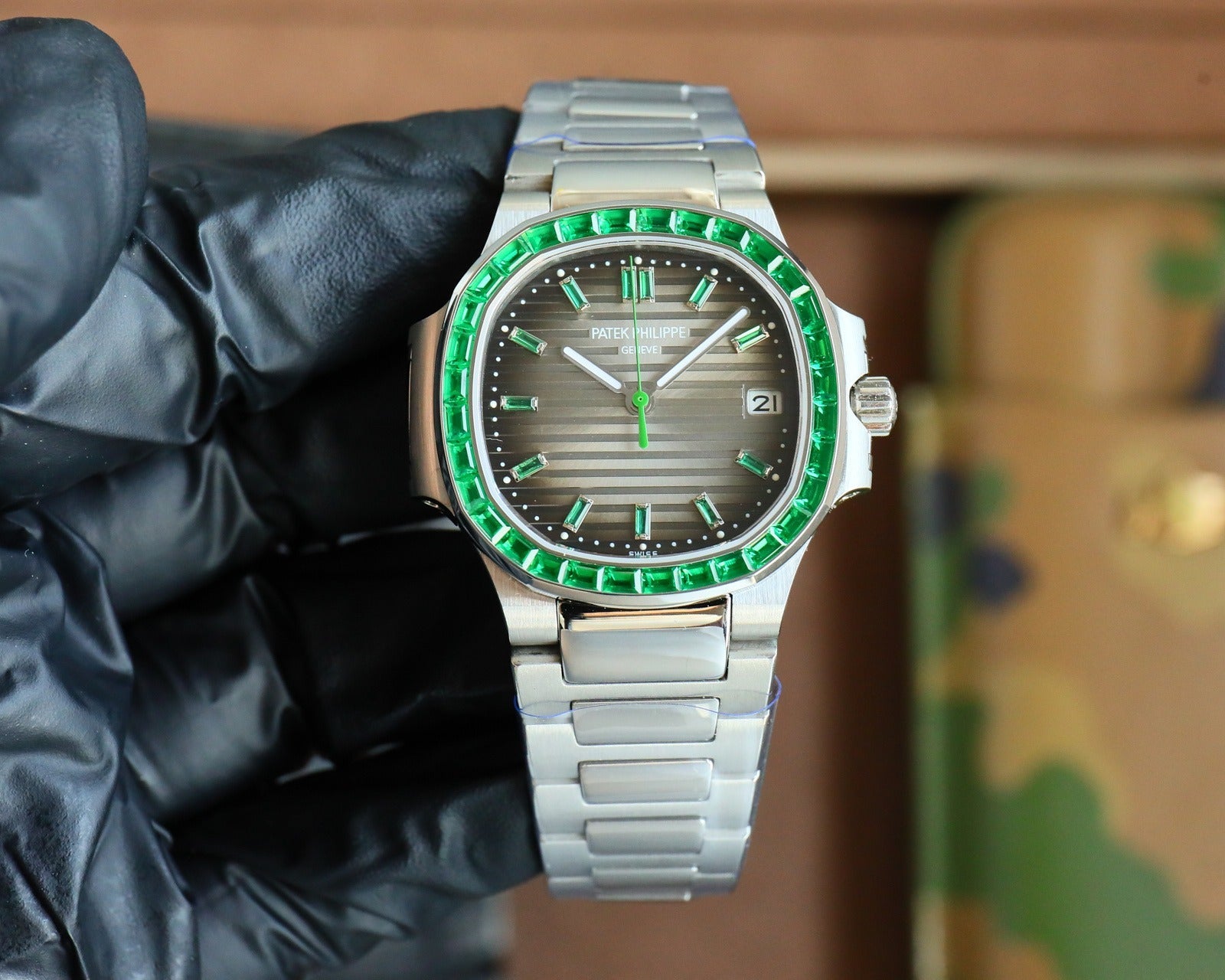 Patek Philippe Nautilus Style Automatic Watch | Emerald Bezel, Stainless Steel