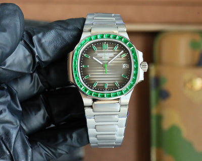 Patek Philippe Nautilus Style Automatic Watch | Emerald Bezel, Stainless Steel