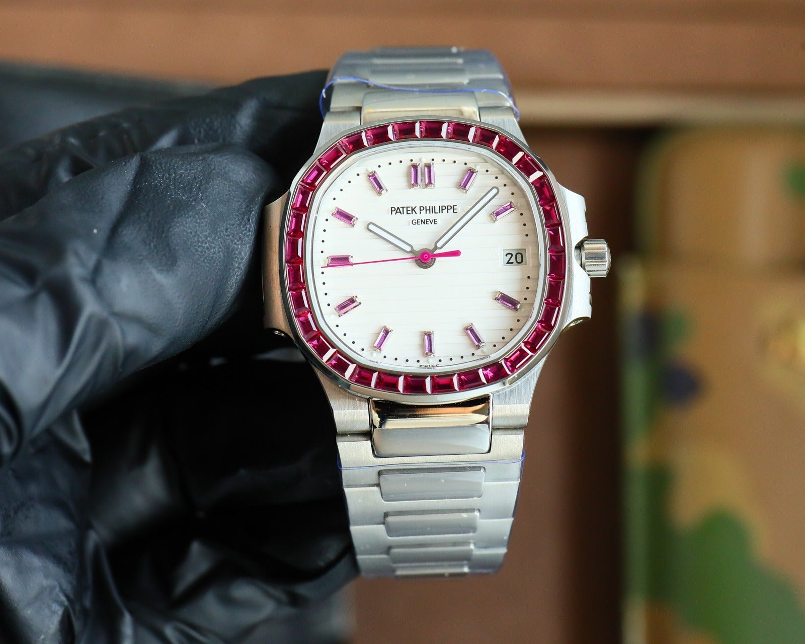 Patek Philippe Nautilus Style Automatic Watch | White Dial, Diamond or Ruby Bezel in Steel