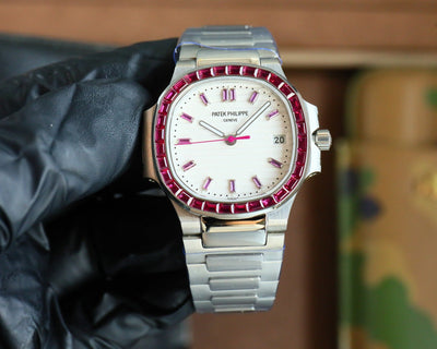 Patek Philippe Nautilus Style Automatic Watch | White Dial, Diamond or Ruby Bezel in Steel