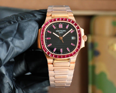 Patek Philippe Nautilus Style Automatic Watch | Ruby-Set Bezel, Rose Gold & Steel