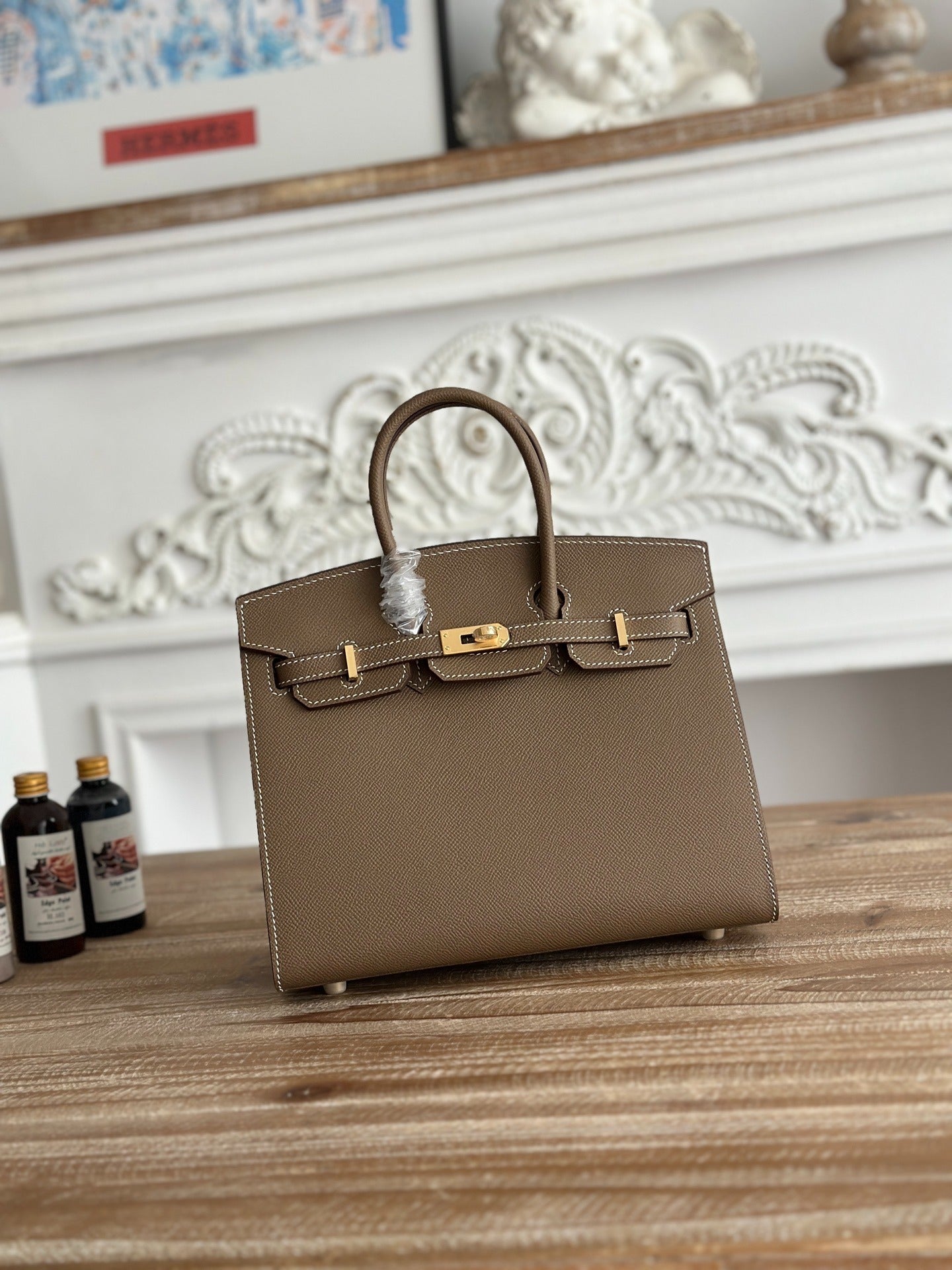 Birkin Style Handbag 25cm | Imported Epsom Leather | Large Gray, Gold Hardware