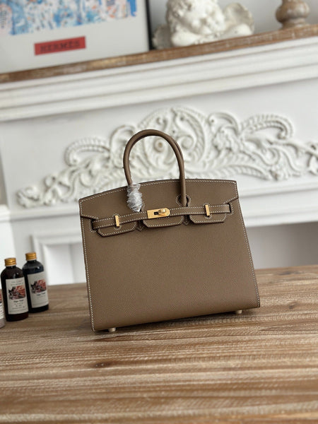 Birkin Style Handbag 25cm | Imported Epsom Leather | Large Gray, Gold Hardware