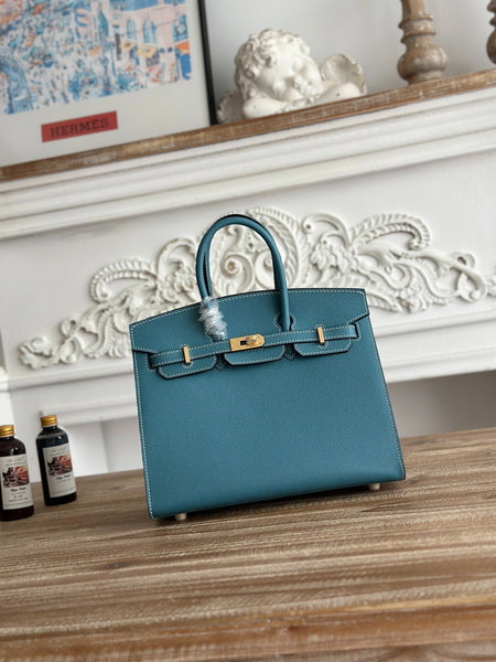 Birkin Style Handbag 25cm | Imported Epsom Leather | Denim Blue, Gold Hardware
