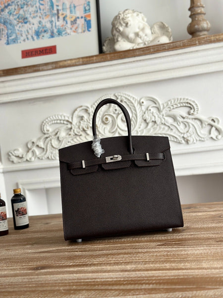 Birkin Style Handbag 25cm | Imported Epsom Leather | Rich Brown, Silver Hardware