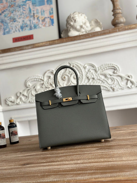 Hermes Birkin Style Handbag 25cm | Imported Epsom Leather | Pewter Grey