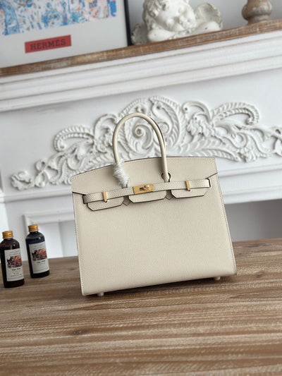 Birkin Style Handbag | 25cm Epsom Leather Tote | Creamy Off-White, Gold Hardware