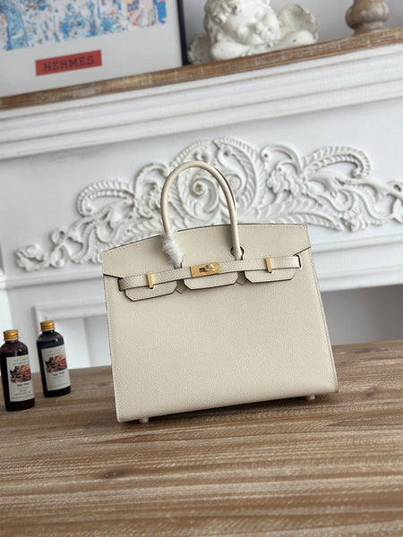 Birkin Style Handbag | 25cm Epsom Leather Tote | Creamy Off-White, Gold Hardware
