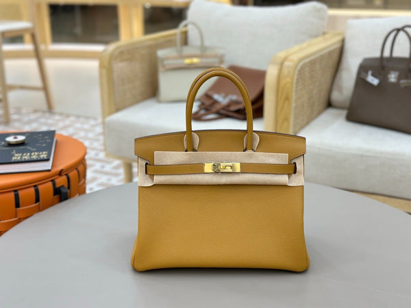 Birkin Style Handbag 30cm | Mustard Yellow Grained Leather | Gold Hardware