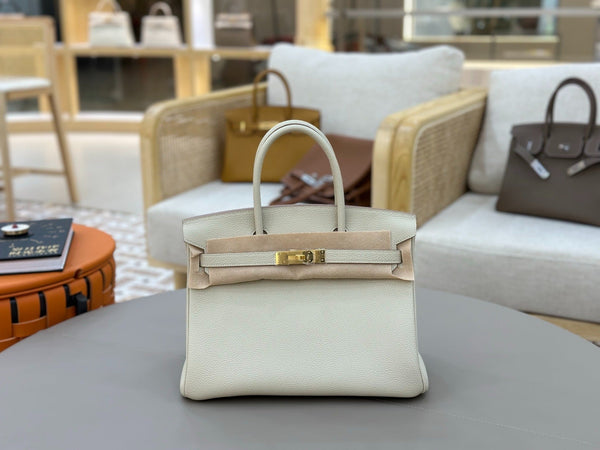 Birkin Style Handbag 30cm | Creamy Off-White Grained Leather | Gold Hardware