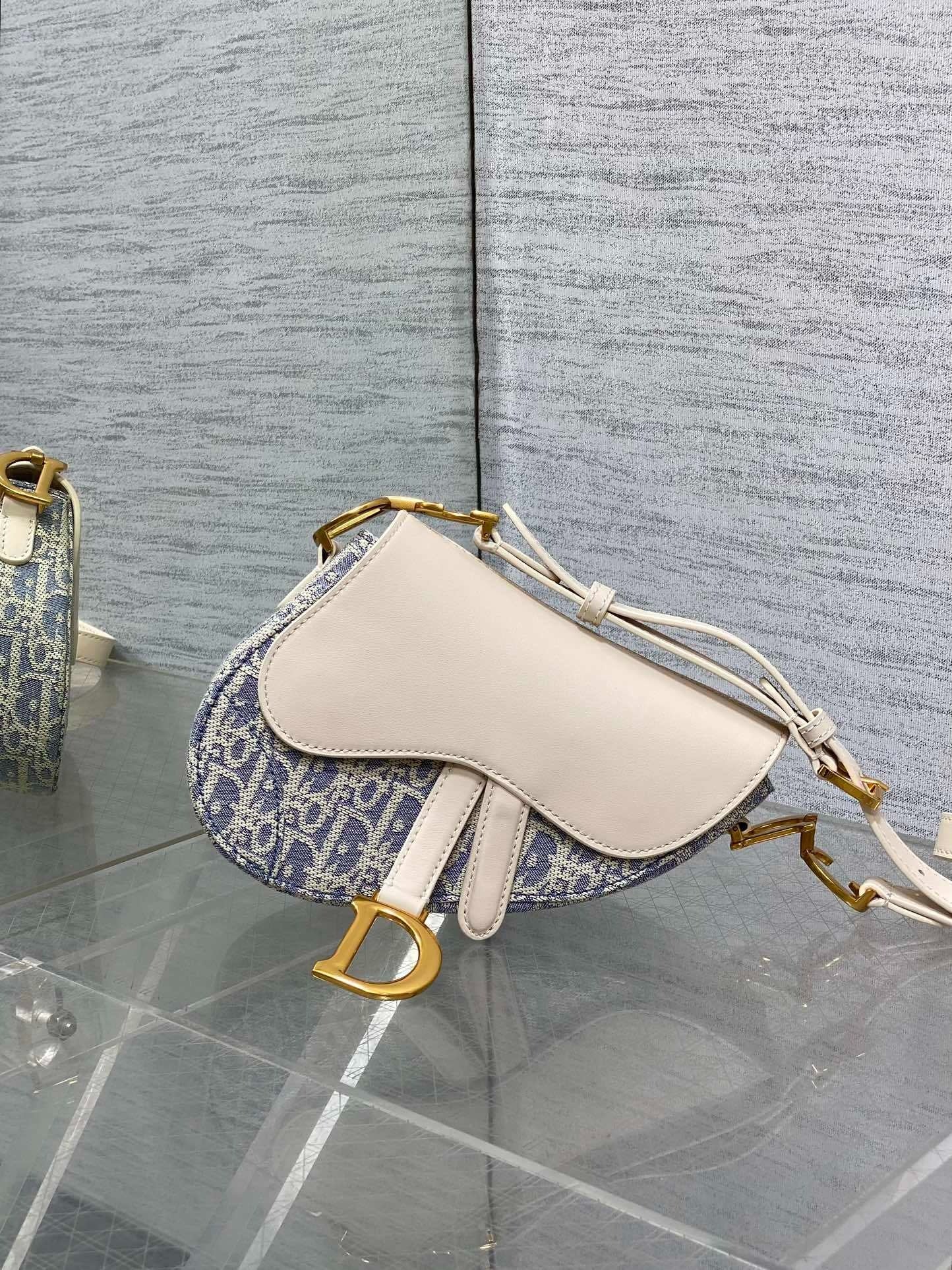 Christian Dior Saddle Bag 19.5cm | Sky Blue Raffia Oblique
