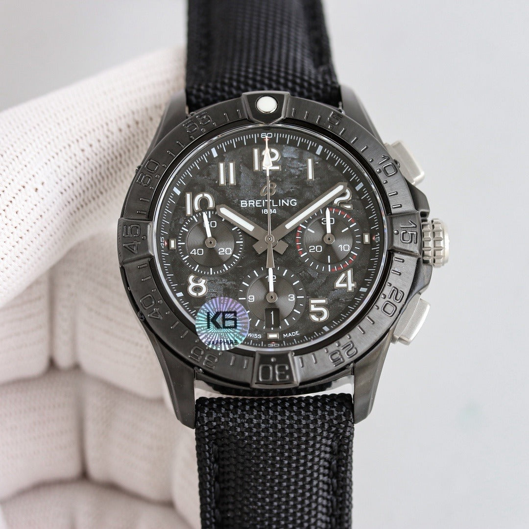 Breitling Chronograph Black Dial Men’s Watch – Tactical Carbon Fiber Case, Swiss Made, 44mm