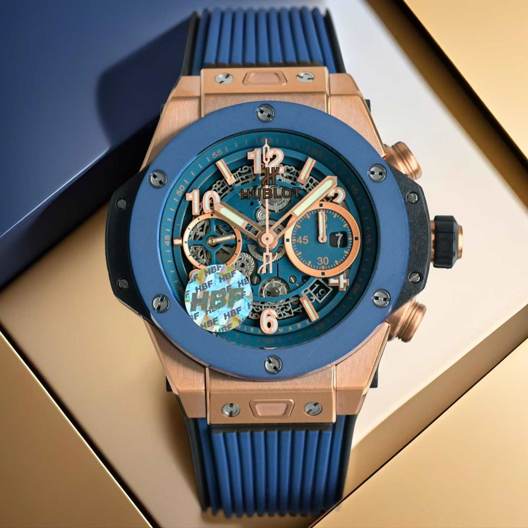 Hublot Big Bang with Blue Skeleton Dial and Gold Case