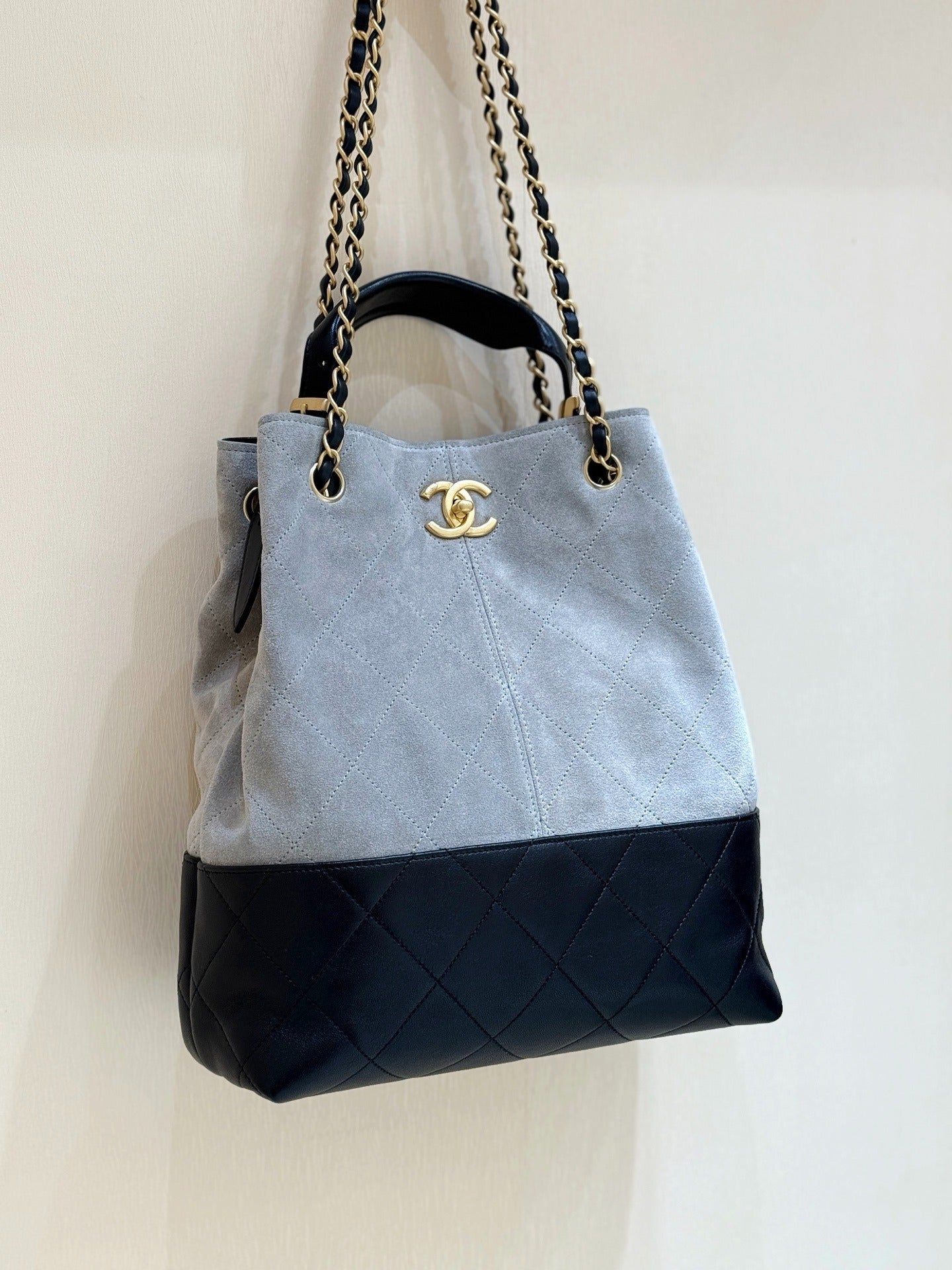 Chanel Gabrielle Hobo Bag | Grey Suede Black Quilted Leather Gold Chain
