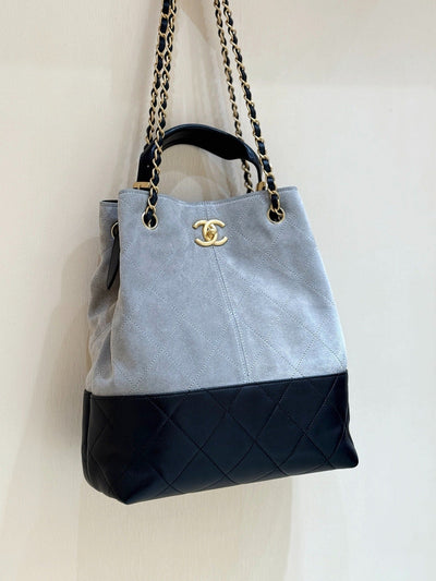 Chanel Gabrielle Hobo Bag | Grey Suede Black Quilted Leather Gold Chain
