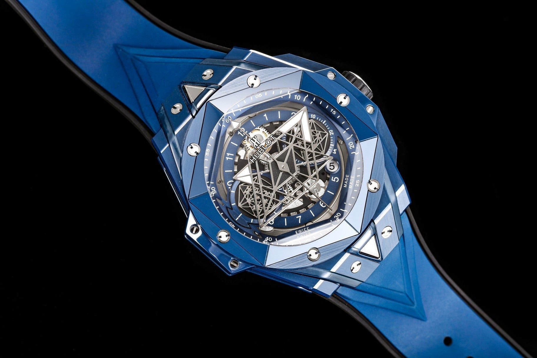 Blue Ceramic Hublot Sang Bleu with Geometric Skeleton Dial