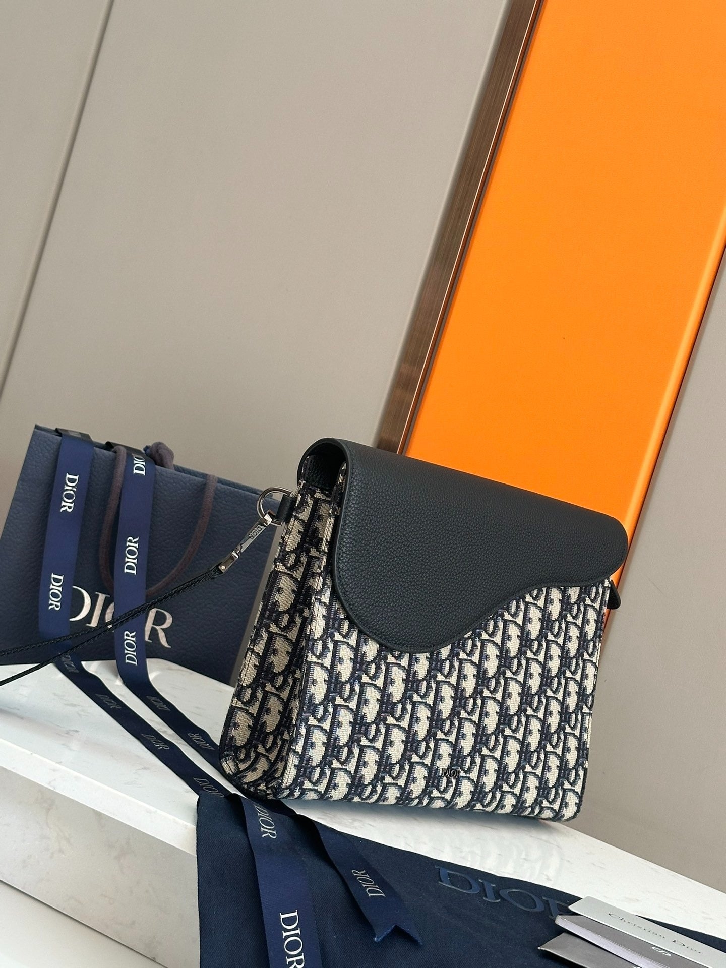 Christian Dior Oblique Flap Pouch | Blue Monogram Jacquard Leather