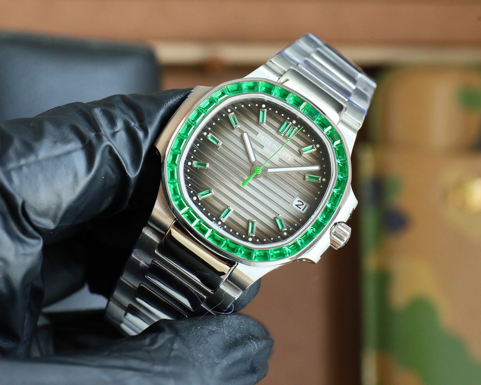 Patek Philippe Nautilus Style Automatic Watch | Emerald Bezel, Stainless Steel