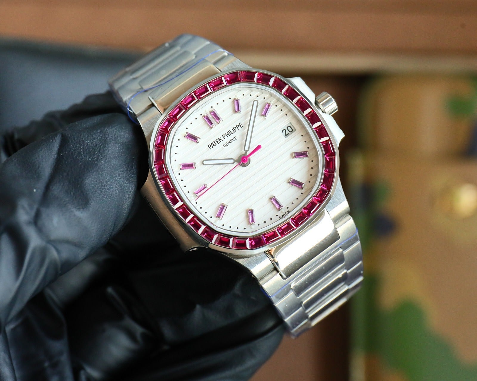 Patek Philippe Nautilus Style Automatic Watch | White Dial, Diamond or Ruby Bezel in Steel