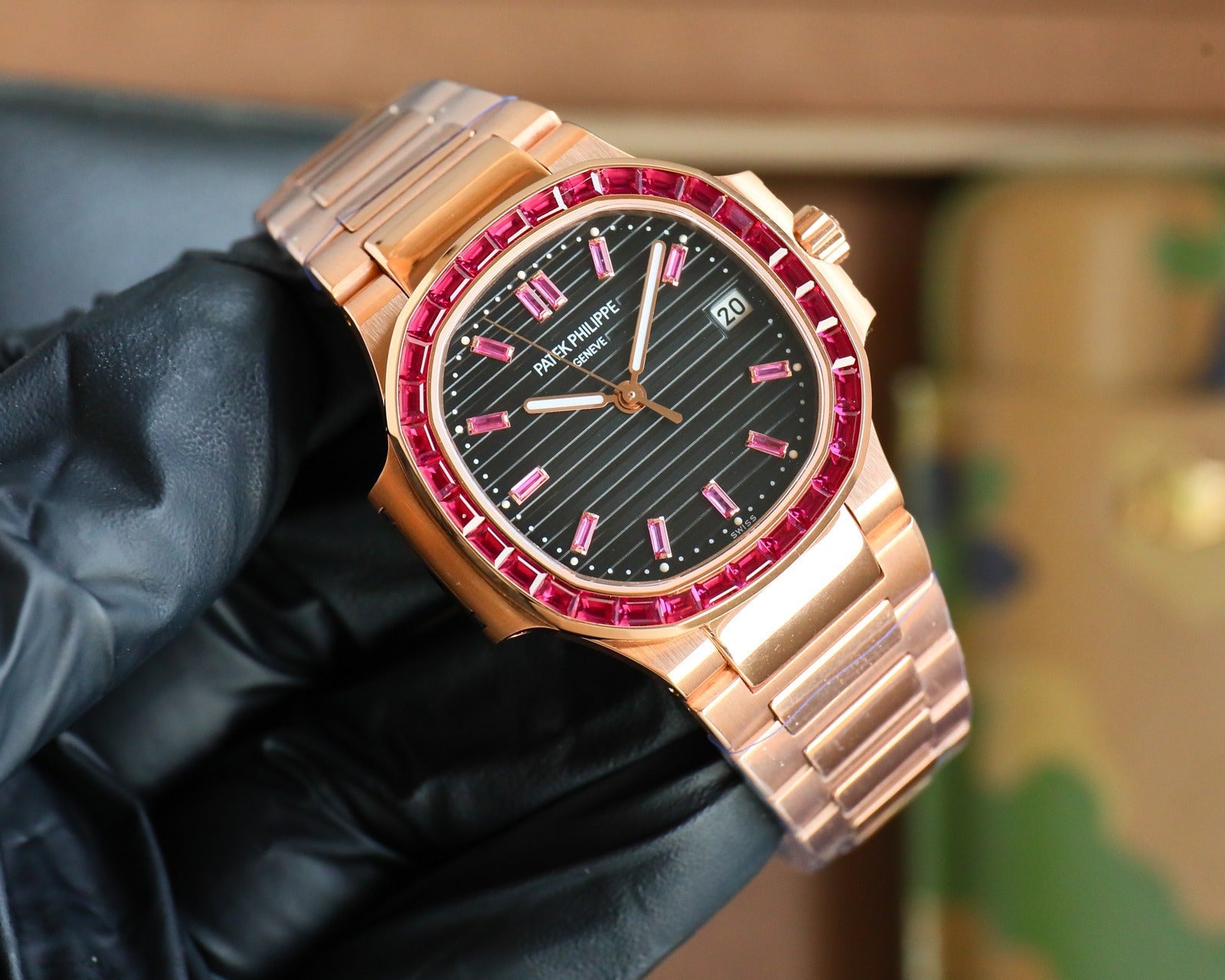 Patek Philippe Nautilus Style Automatic Watch | Ruby-Set Bezel, Rose Gold & Steel