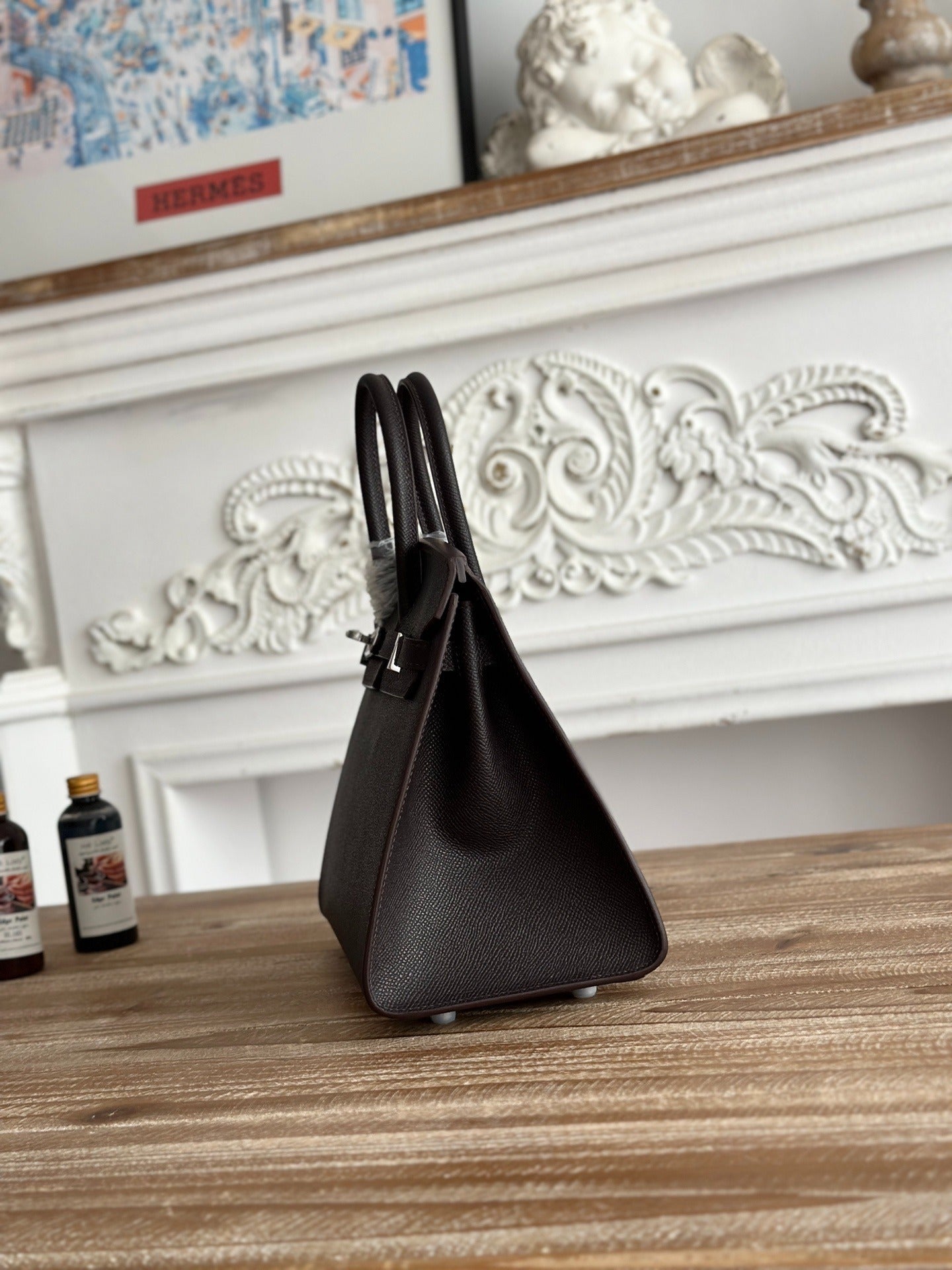 Birkin Style Handbag 25cm | Imported Epsom Leather | Rich Brown, Silver Hardware