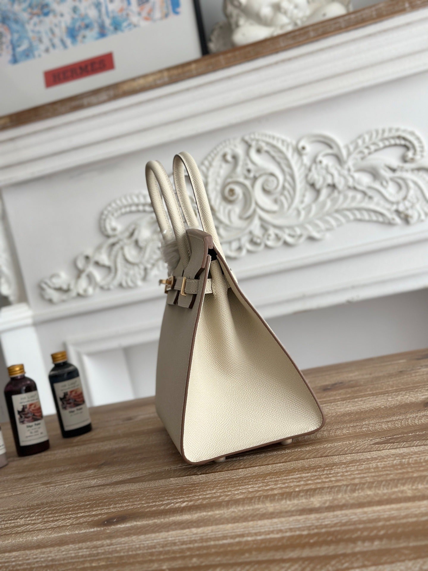 Birkin Style Handbag | 25cm Epsom Leather Tote | Creamy Off-White, Gold Hardware