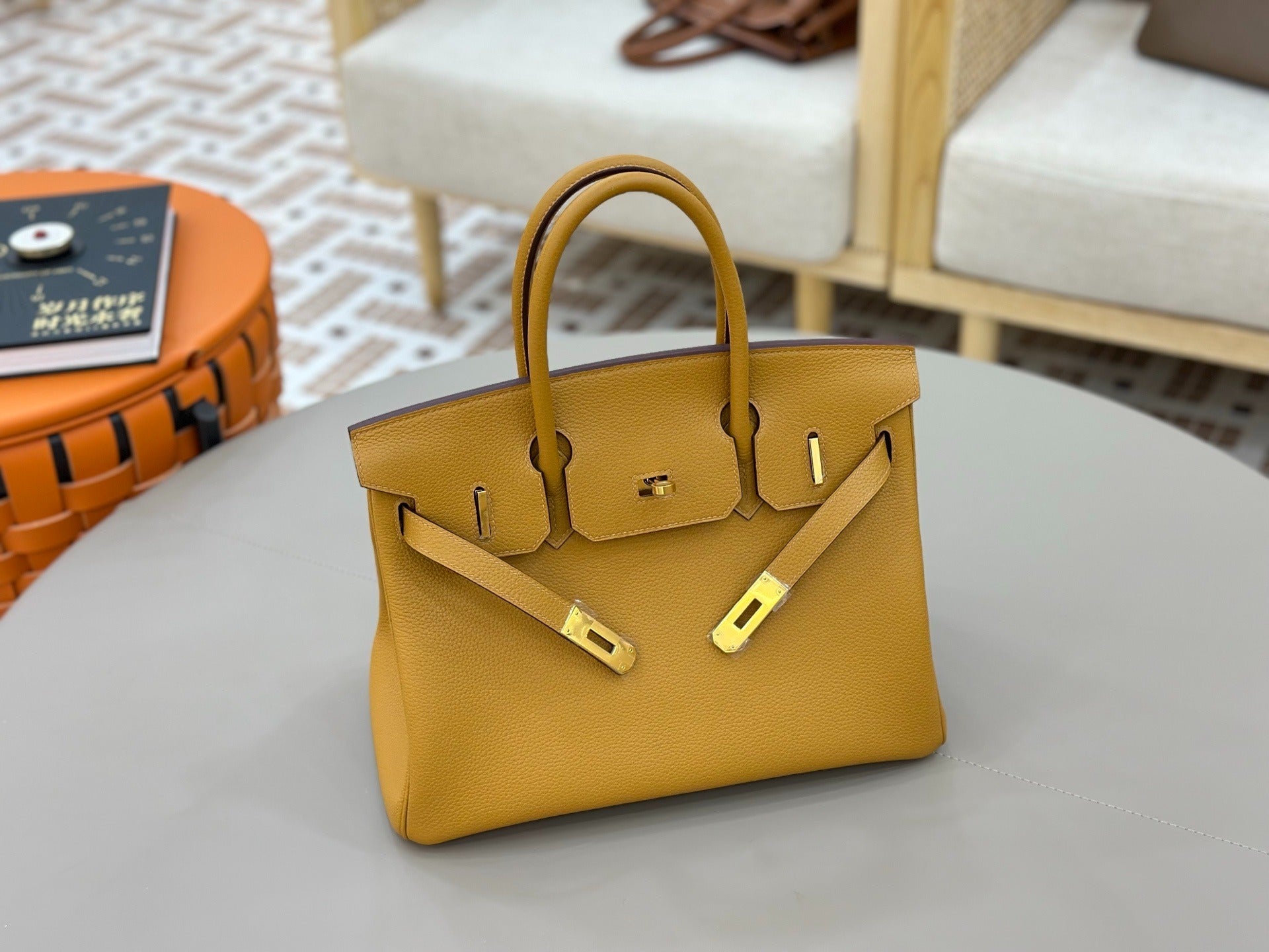 Birkin Style Handbag 30cm | Mustard Yellow Grained Leather | Gold Hardware