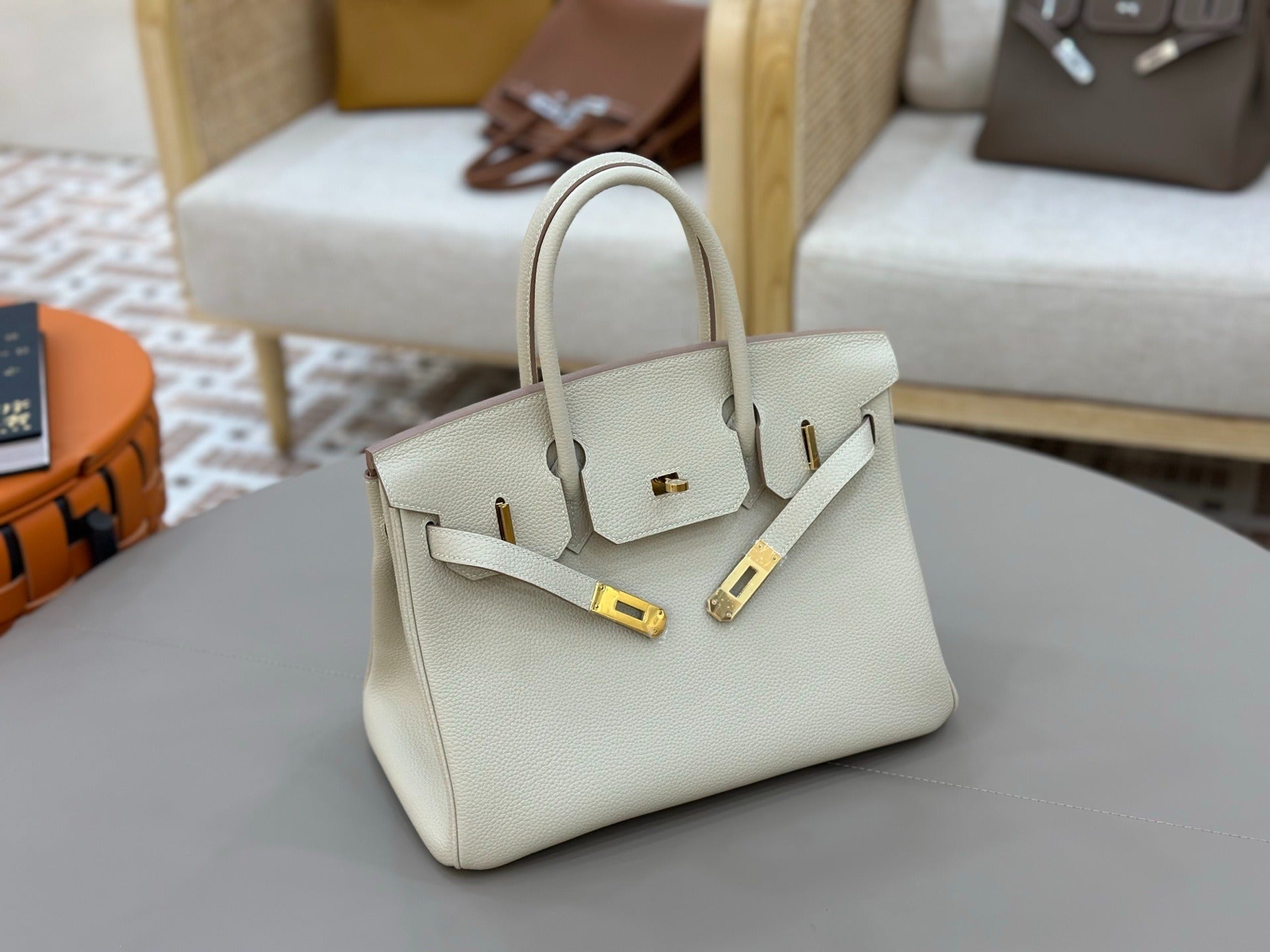 Birkin Style Handbag 30cm | Creamy Off-White Grained Leather | Gold Hardware