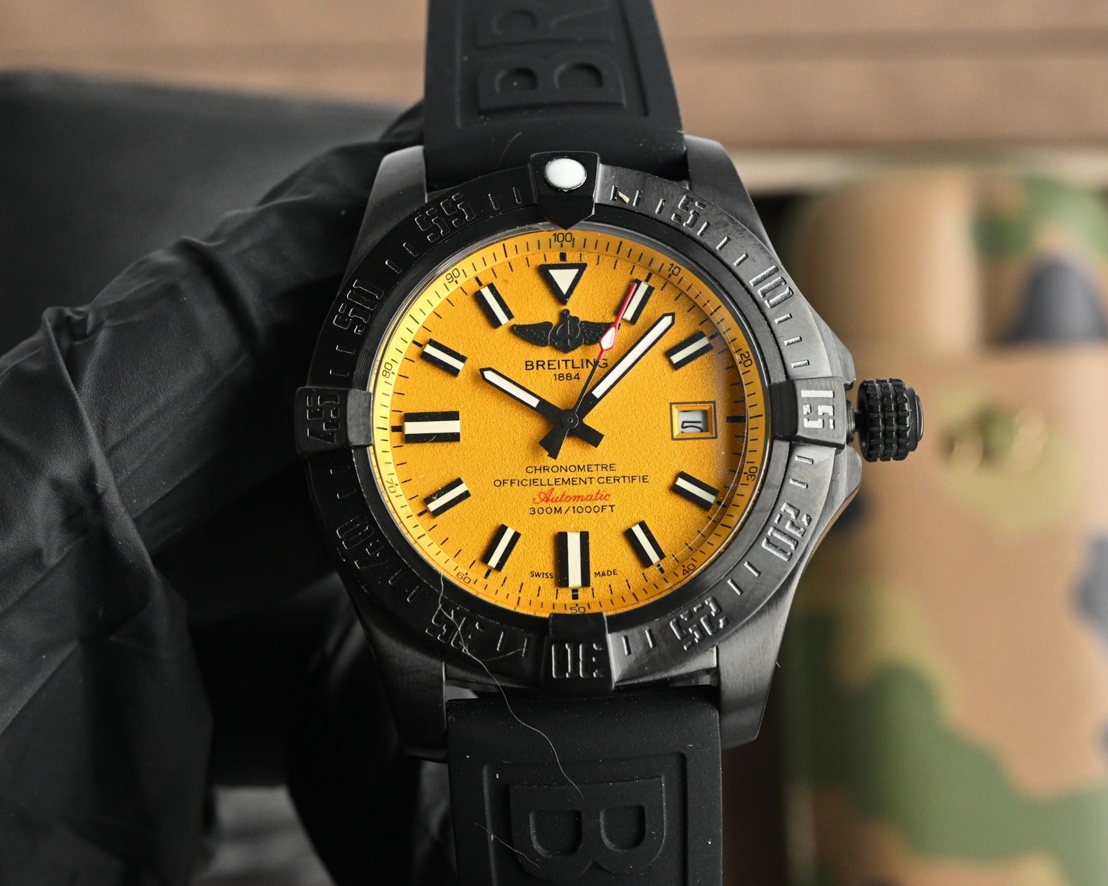 Breitling Super Avenger Automatic Watch 44mm | Black, Yellow Dial | Rubber & Fabric Strap