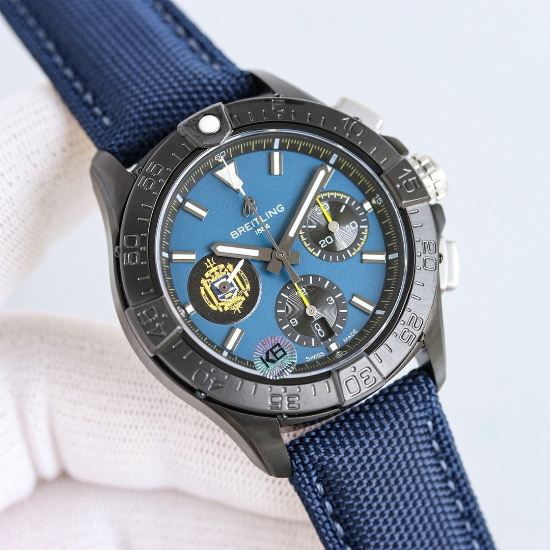 Breitling Super Avenger Chronograph 46 Automatic Watch | Men's Black/Blue Dial & Nylon Strap
