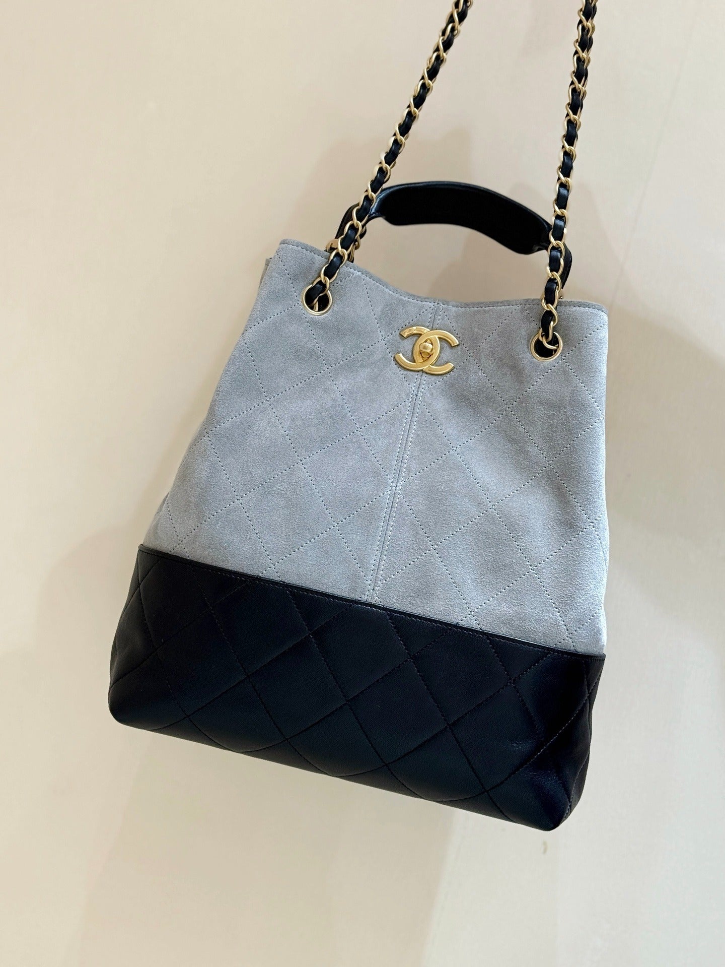 Chanel Gabrielle Hobo Bag | Grey Suede Black Quilted Leather Gold Chain