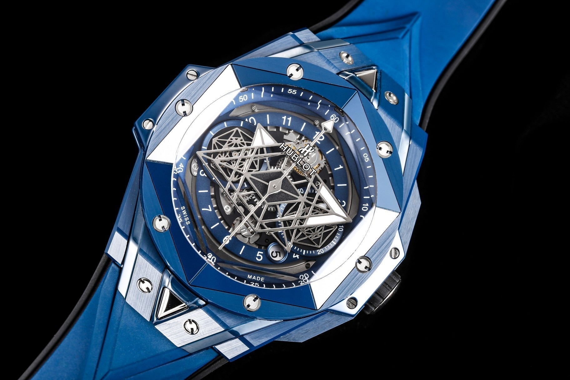 Blue Ceramic Hublot Sang Bleu with Geometric Skeleton Dial
