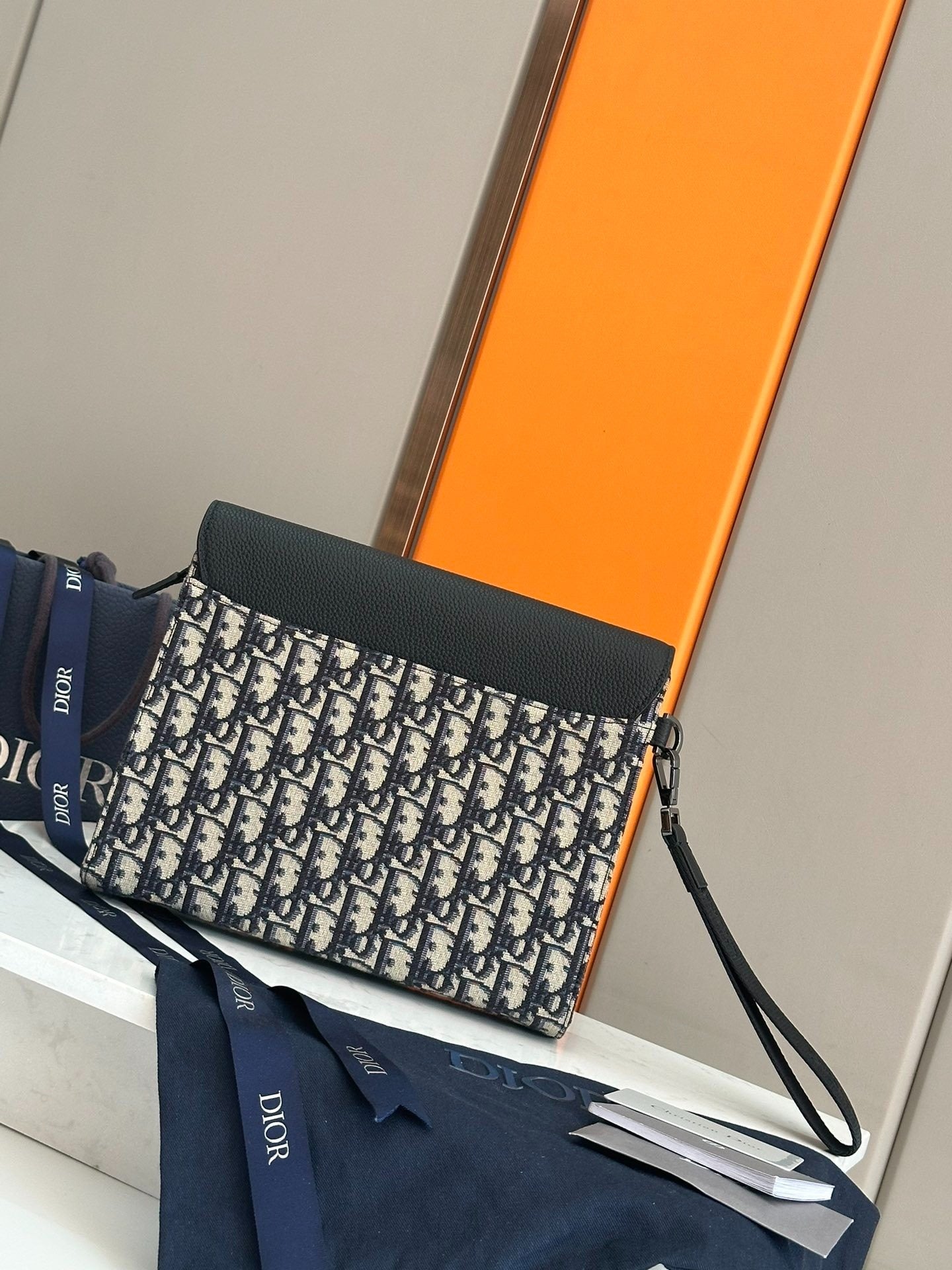 Christian Dior Oblique Flap Pouch | Blue Monogram Jacquard Leather