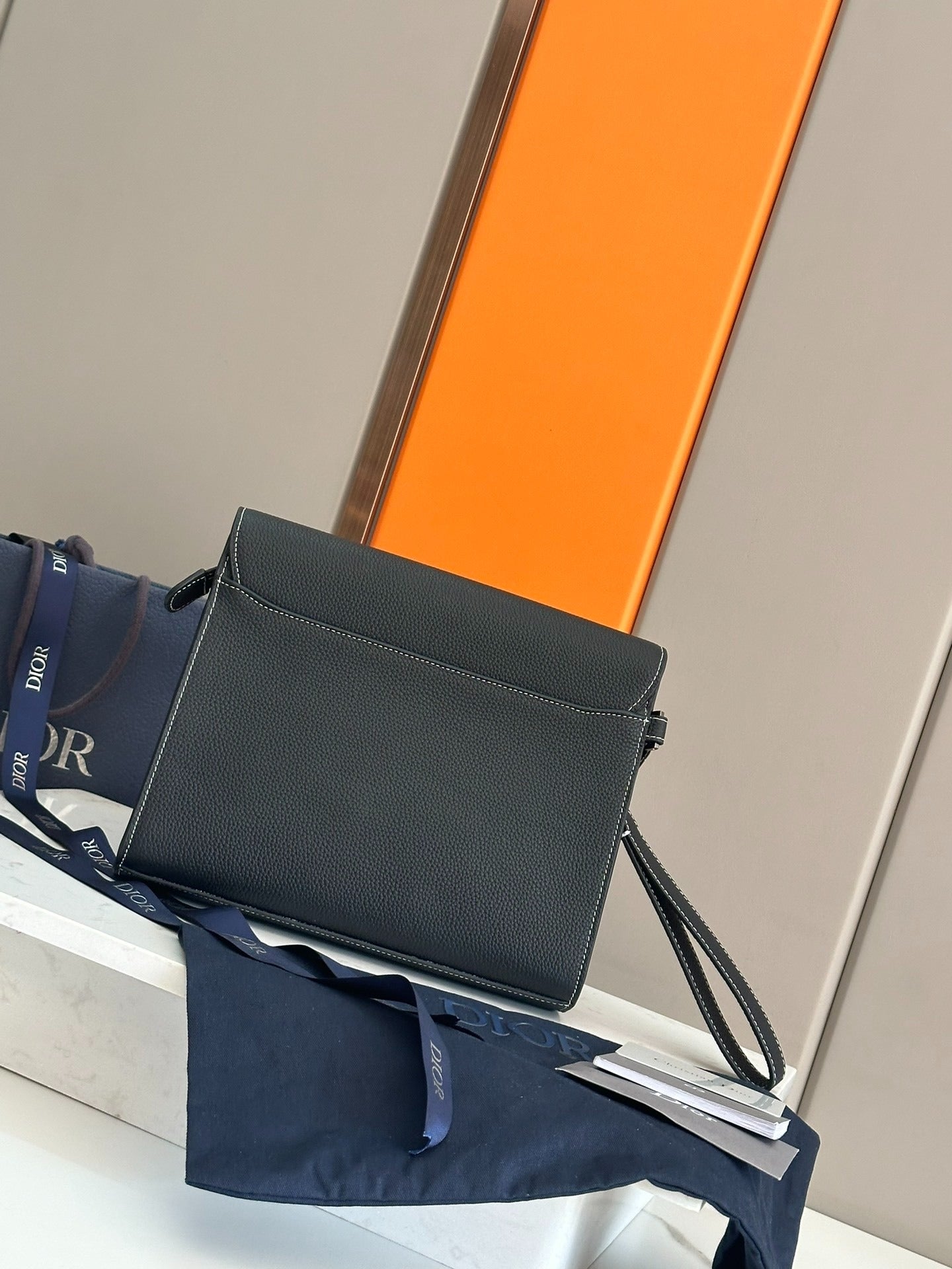 Christian Dior Style Flap Pouch | Black Grained Leather Contrasting Stitch