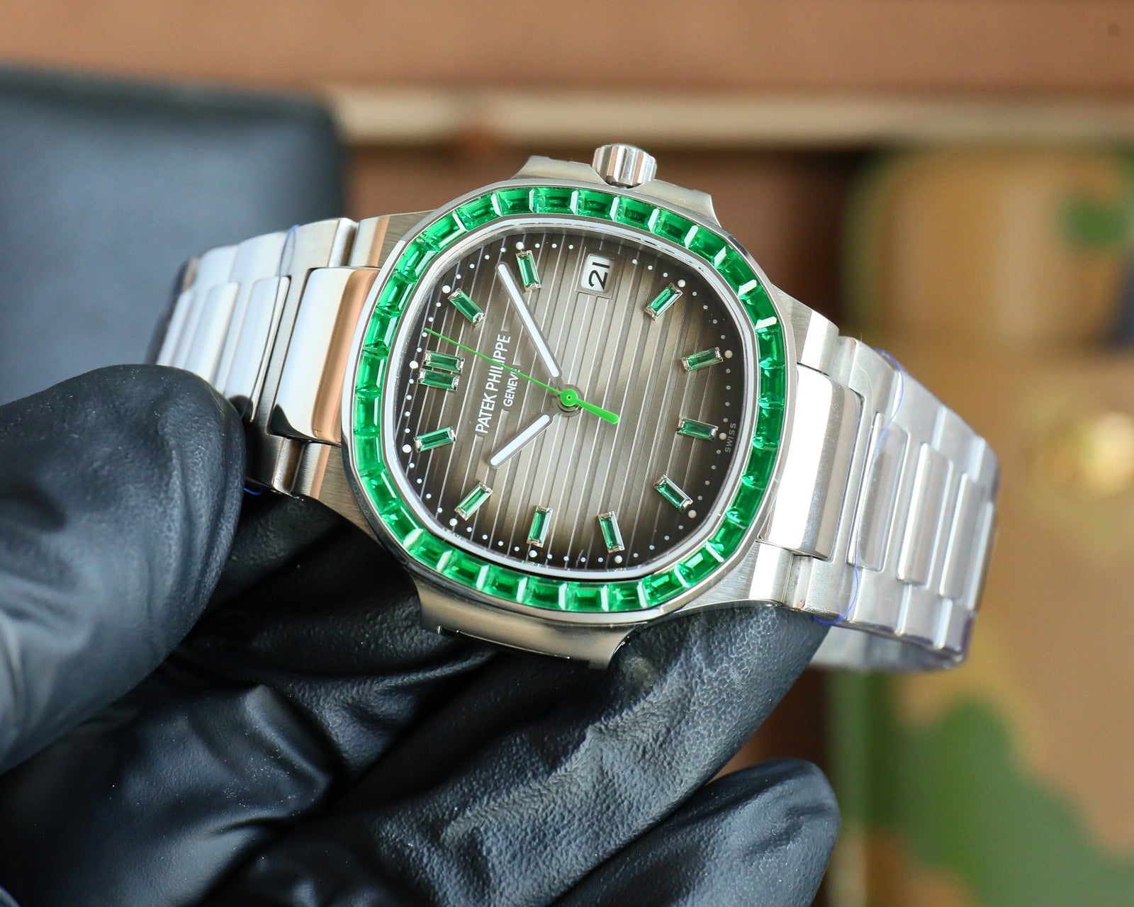 Patek Philippe Nautilus Style Automatic Watch | Emerald Bezel, Stainless Steel