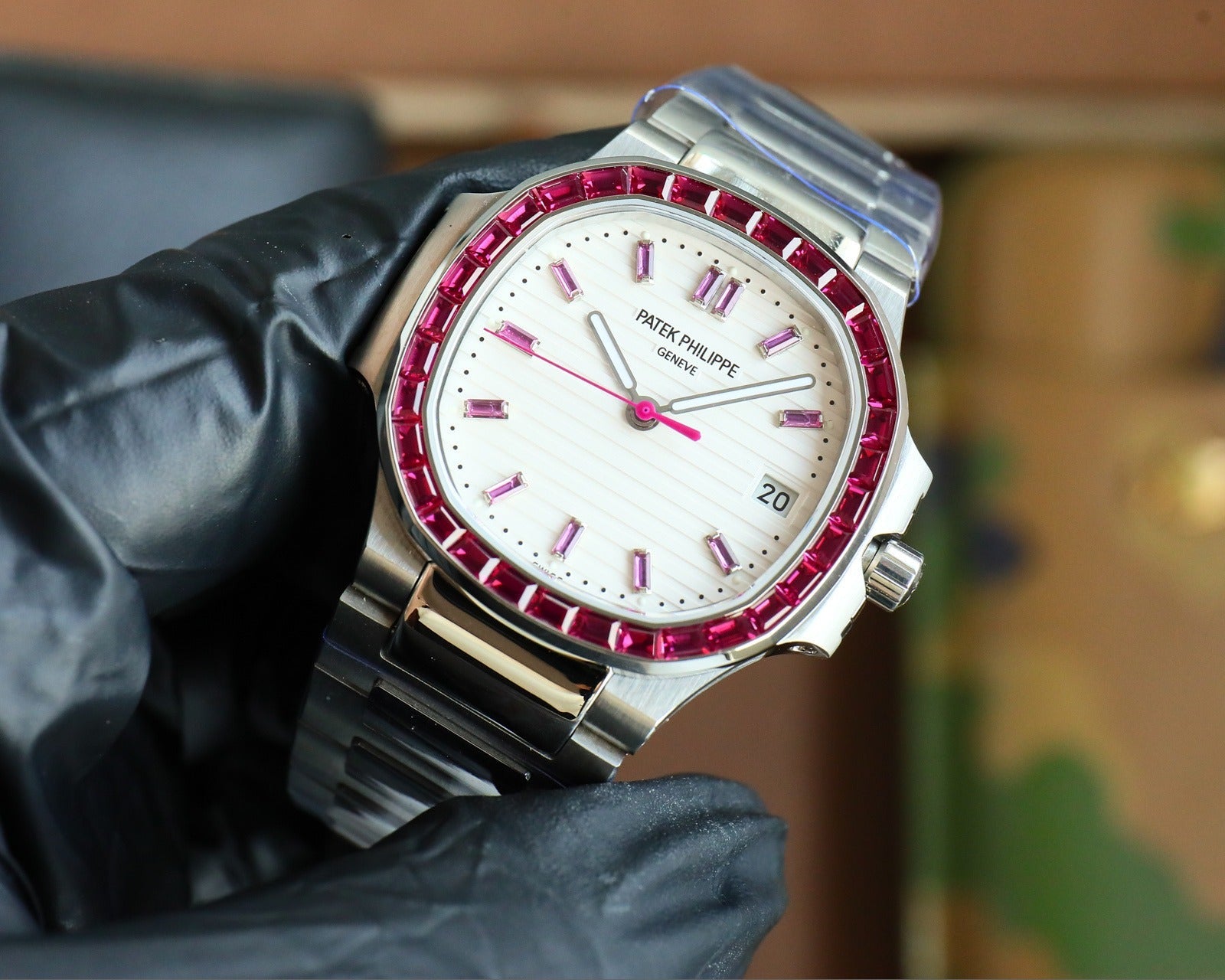 Patek Philippe Nautilus Style Automatic Watch | White Dial, Diamond or Ruby Bezel in Steel