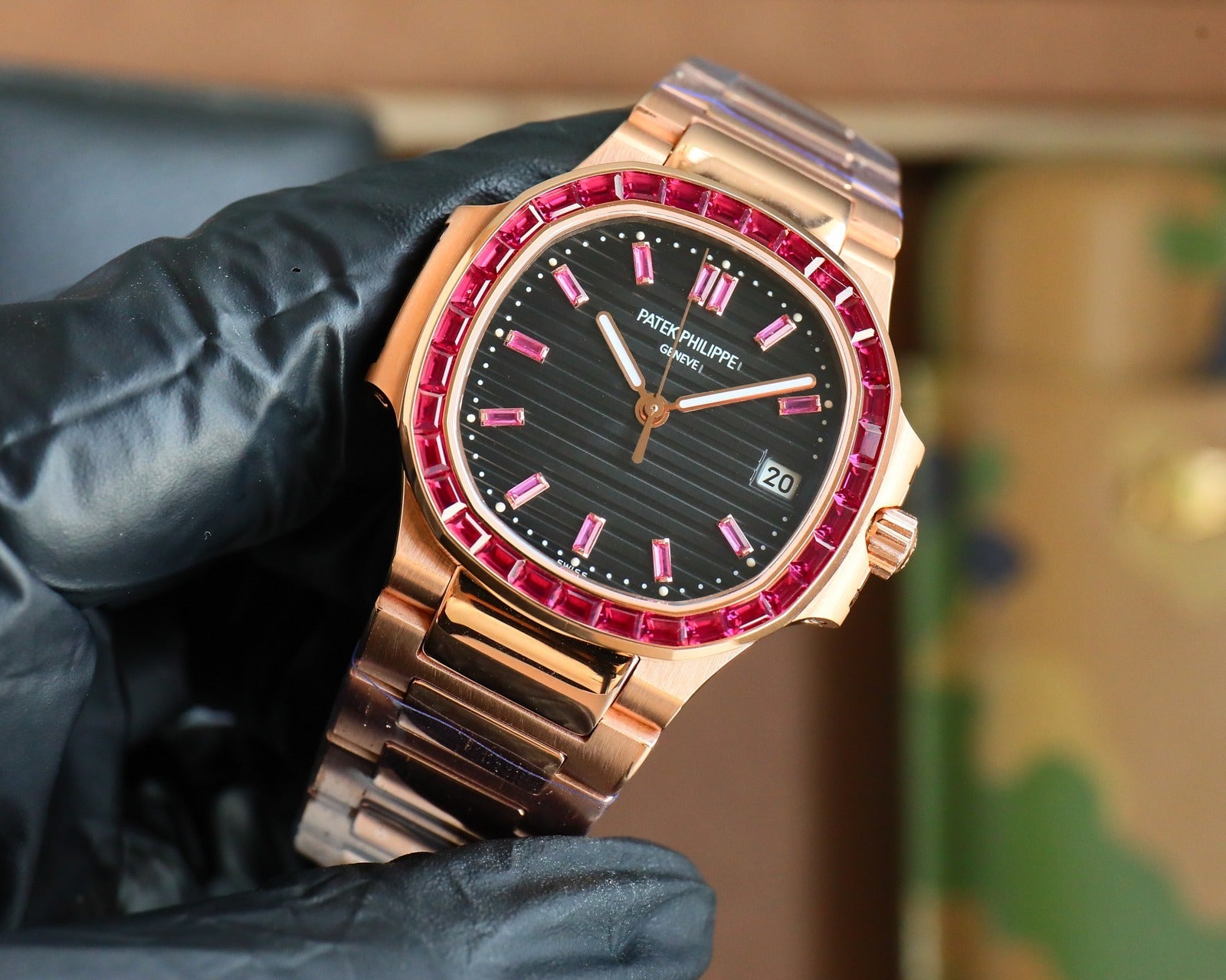 Patek Philippe Nautilus Style Automatic Watch | Ruby-Set Bezel, Rose Gold & Steel